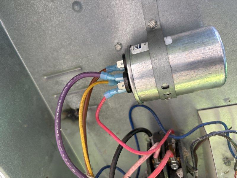 Completed scheduled maintenance tune-up on residential HVAC system and replaced defective 45/5 dual run capacitor as a follow-up repair from previous service visit. Retrieved replacement capacitor from parts department and installed new component with proper electrical connections verified using digital multimeter. System tested and confirmed operational with all electrical readings within manufacturer specifications.