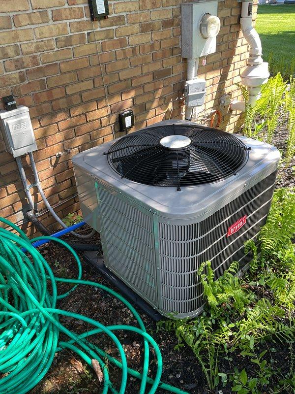 Completed comprehensive air conditioning tune-up on 8-year-old Bryant outdoor condensing unit. System was found operating in cooling mode and performance was restored to manufacturer specifications. Evaluated 16-year-old thermostat which was reported as potentially malfunctioning; collected unit for repair or replacement assessment. Performed standard preventive maintenance protocol including inspection of condenser coils, fan operation, electrical connections, and refrigerant pressures to ensure optimal system performance for continued reliable operation.