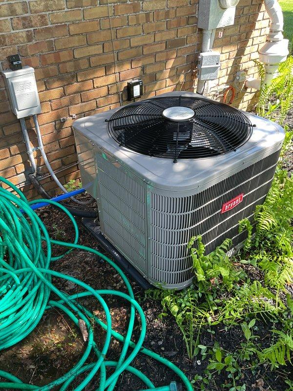 Completed comprehensive air conditioning tune-up on 8-year-old Bryant outdoor condensing unit. System was found operating in cooling mode and performance was restored to manufacturer specifications. Evaluated 16-year-old thermostat which was reported as potentially malfunctioning; collected unit for repair or replacement assessment. Performed standard preventive maintenance protocol including inspection of condenser coils, fan operation, electrical connections, and refrigerant pressures to ensure optimal system performance for continued reliable operation.