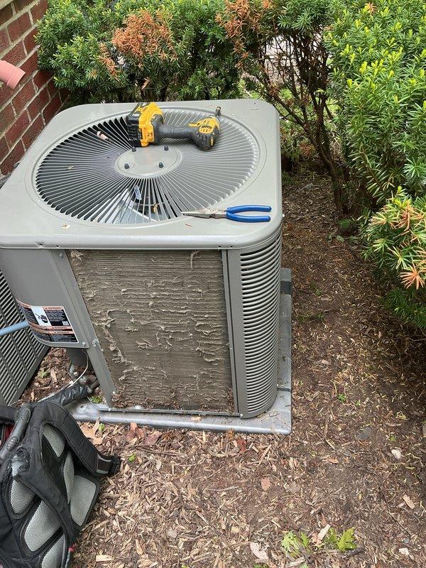 Completed comprehensive air conditioning tune-up on outdoor condenser unit. Performed standard preventive maintenance procedures including inspection of fan motor assembly, electrical connections, and refrigerant levels. All components found operating within normal parameters and unit tested successfully upon completion.