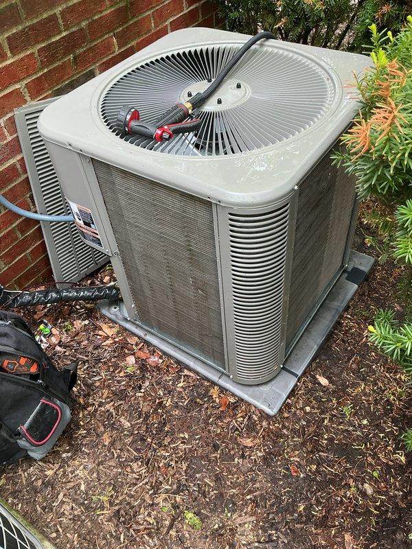 Completed comprehensive air conditioning tune-up on outdoor condenser unit. Performed standard preventive maintenance procedures including inspection of fan motor assembly, electrical connections, and refrigerant levels. All components found operating within normal parameters and unit tested successfully upon completion.