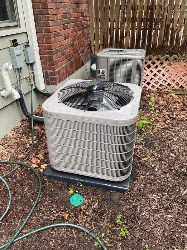 Completed preventive maintenance tune-up on two residential air conditioning condenser units and one water heater. Performed comprehensive multi-point inspections including electrical connections, refrigerant pressures, and component functionality on both AC systems located in backyard installation area. All equipment found operating within normal parameters and scheduled for follow-up service.