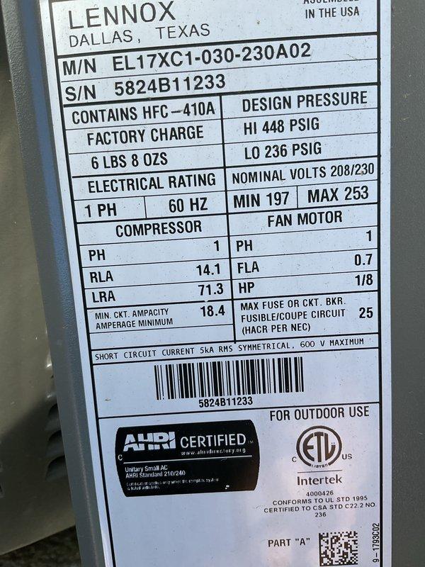 Completed comprehensive AC tune-up on Lennox EL17XC1 outdoor condensing unit containing R-410A refrigerant. Performed standard maintenance procedures including system diagnostics with multimeter, inspection of electrical connections and disconnect box, verification of manufacturer specifications, and assessment of unit operation. Membership renewal required for continued service coverage.
