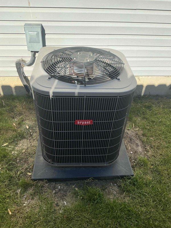 Completed annual air conditioning tune-up and maintenance on Bryant brand outdoor condenser unit. Performed comprehensive system inspection, verified proper operation of all components including compressor, condenser fan motor, and electrical connections at disconnect box. Unit found in good operational condition with no visible signs of damage or deterioration to exterior components.
