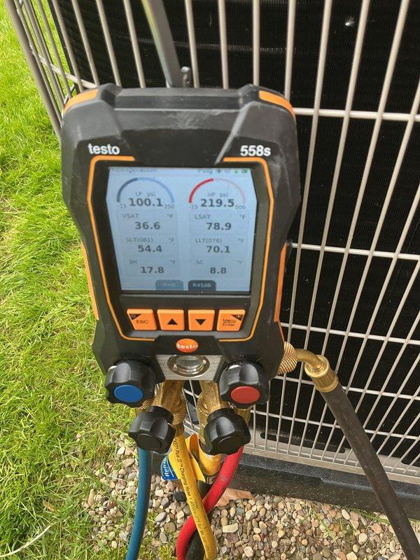 Completed installation of new gas furnace and air conditioning system. Performed comprehensive system start-up procedures on outdoor condensing unit, utilizing Testo 558s digital diagnostic gauges to verify proper refrigerant pressures, temperatures, and system performance parameters across all operating conditions. All measurements confirmed system is operating within manufacturer specifications and ready for service.