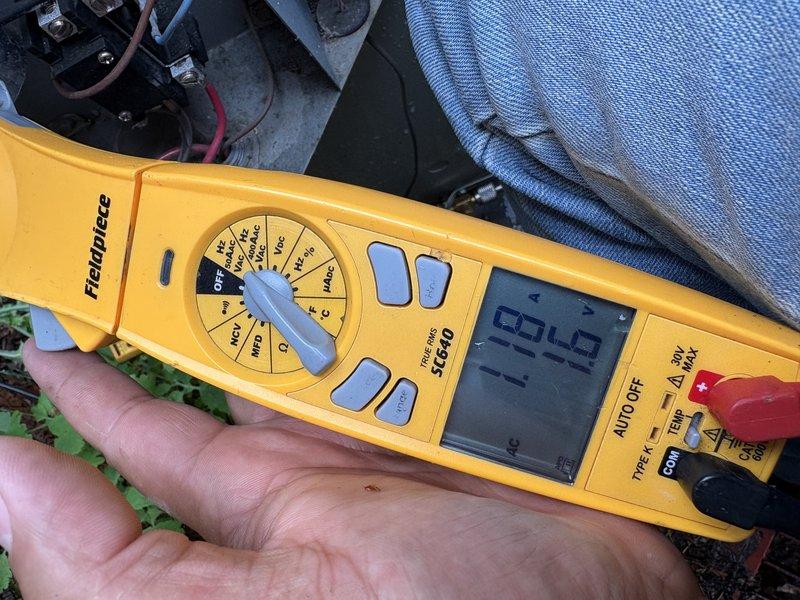 Performed comprehensive cooling system tune-up and preventative maintenance on outdoor condensing unit. Conducted electrical diagnostics using digital multimeter, verifying proper voltage readings at capacitor and control components. Inspected condenser coil, fan motor operation, refrigerant levels, and all electrical connections to ensure optimal system performance for the cooling season.