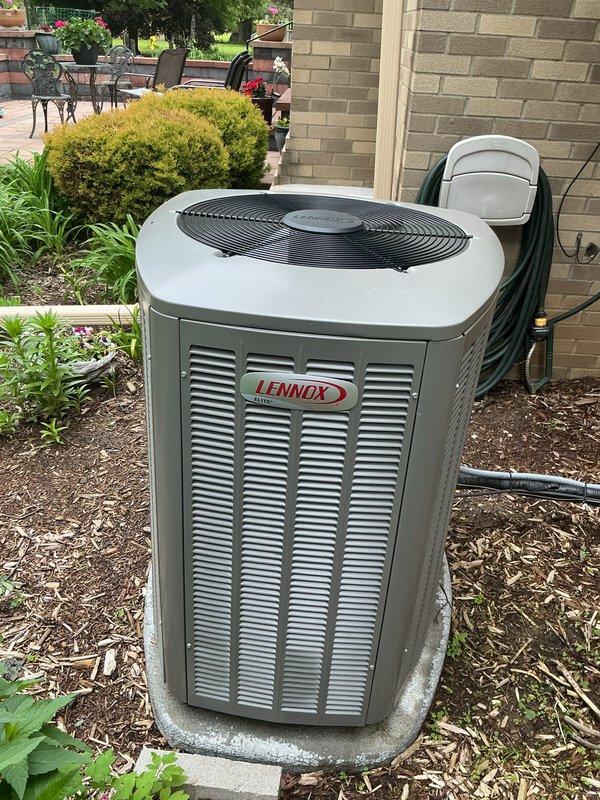 Completed routine preventive maintenance on Lennox outdoor condensing unit. Performed comprehensive system inspection, verified proper operation of compressor and condenser fan motor, cleaned coil surfaces, checked refrigerant lines and electrical connections, and confirmed unit cycling correctly in cooling mode.