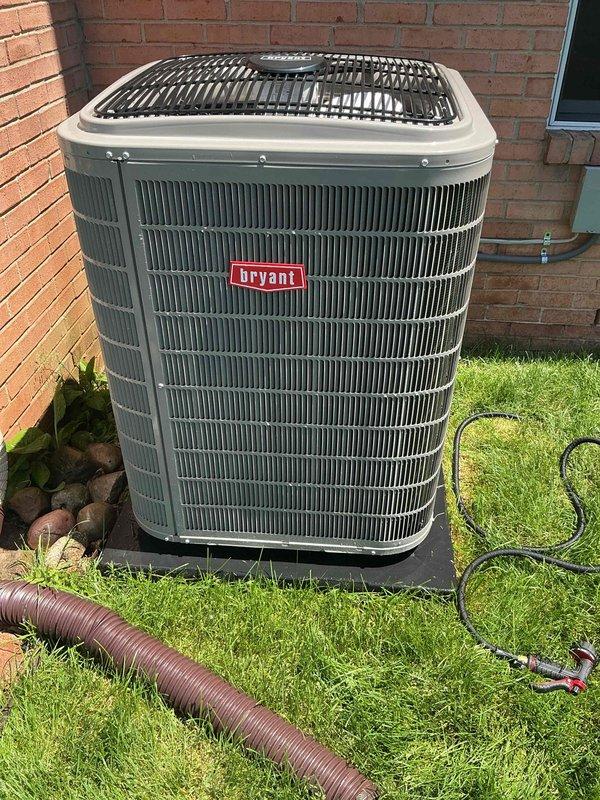 Completed preventive maintenance tune-up on Bryant outdoor condensing unit that was previously rescheduled due to inclement weather. Performed comprehensive system inspection, measured operating pressures and temperatures, cleaned condenser coil, verified proper airflow, and confirmed unit is operating within manufacturer specifications.