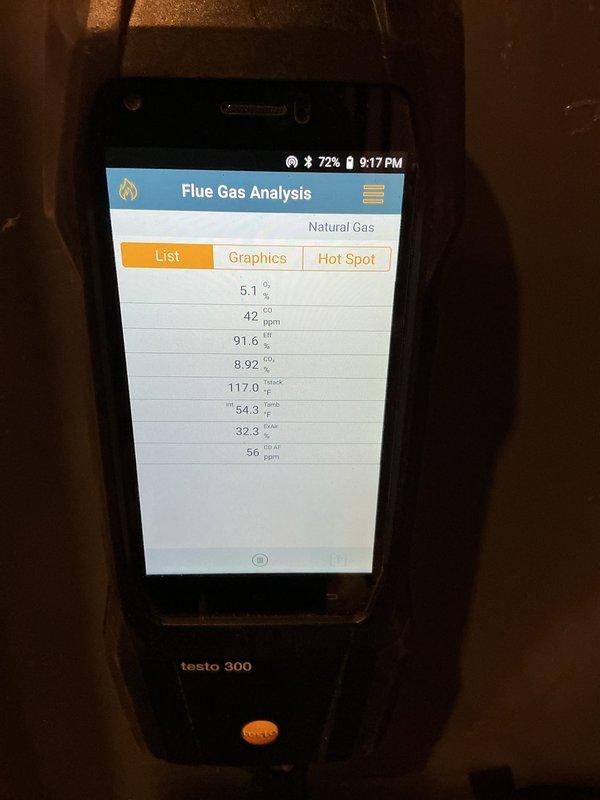 Completed comprehensive multi-system tune-up maintenance including two air conditioning units, two gas furnaces, and two water heaters. Performed combustion analysis on gas furnace using digital flue gas analyzer, confirming proper natural gas combustion efficiency and safe operation with readings within manufacturer specifications. Inspected furnace internal components, electrical connections, and PVC venting system, verifying all wiring harnesses and mechanical assemblies functioning correctly.