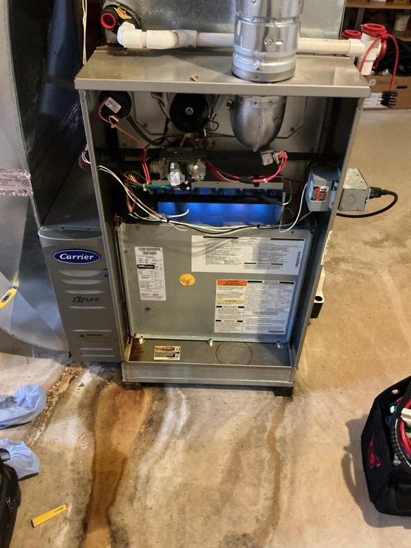 Performed comprehensive tune-up and inspection on Carrier furnace unit for city certification requirements. Conducted full system evaluation including internal component inspection, electrical connections check, and verification of all mechanical operations. Noted floor staining beneath unit indicating previous moisture presence; all components currently functioning within normal parameters and system approved for certification.