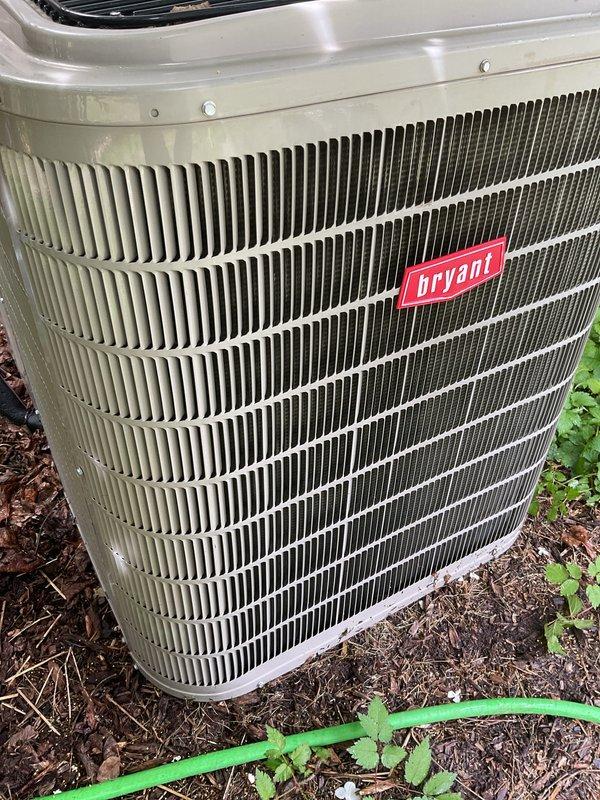 Completed scheduled preventive maintenance on 2016 Bryant air conditioning system. Performed comprehensive tune-up including inspection of condenser unit, verification of electrical connections at disconnect box, assessment of refrigerant levels, and evaluation of heat exchanger fins. Unit found in operational condition with adequate clearance from structure and proper installation on concrete pad. All components functioning within normal parameters upon completion of maintenance service.