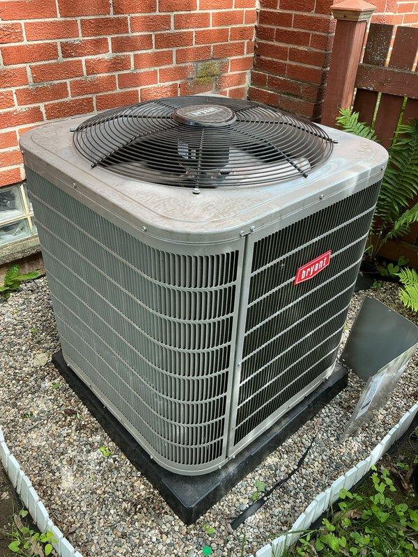 Completed annual AC tune-up on 6-year-old Bryant residential condensing unit. Performed comprehensive maintenance including coil cleaning, refrigerant level verification, electrical connection inspection, capacitor testing, and fan motor operation assessment. Unit operating within normal parameters with no deficiencies noted; system ready for cooling season.