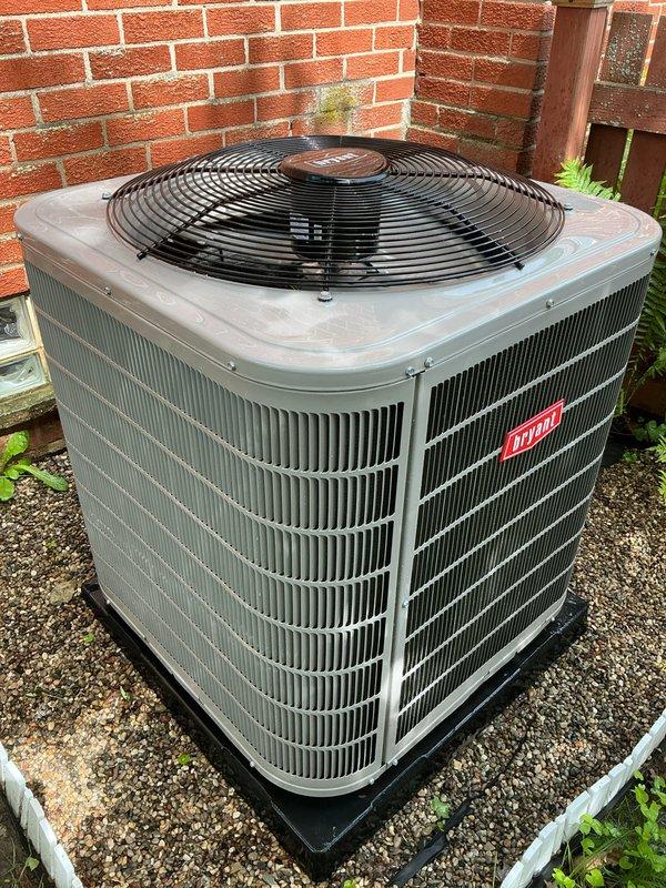 Completed annual AC tune-up on 6-year-old Bryant residential condensing unit. Performed comprehensive maintenance including coil cleaning, refrigerant level verification, electrical connection inspection, capacitor testing, and fan motor operation assessment. Unit operating within normal parameters with no deficiencies noted; system ready for cooling season.