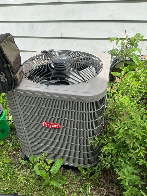 Performed routine maintenance and cleaning on Bryant brand outdoor air conditioning condenser unit. Cleared overgrown vegetation and plant growth from around the base and sides of the unit to restore proper airflow and prevent obstruction of the condenser coils. Cleaned exterior fins and housing, inspected fan assembly and protective grille for proper operation, and verified unit functionality upon completion.