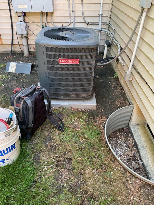 Performed comprehensive tune-up service on residential Goodman brand air conditioning condenser unit. Completed standard maintenance procedures including system inspection, cleaning, and performance verification to ensure optimal cooling efficiency for the upcoming season.