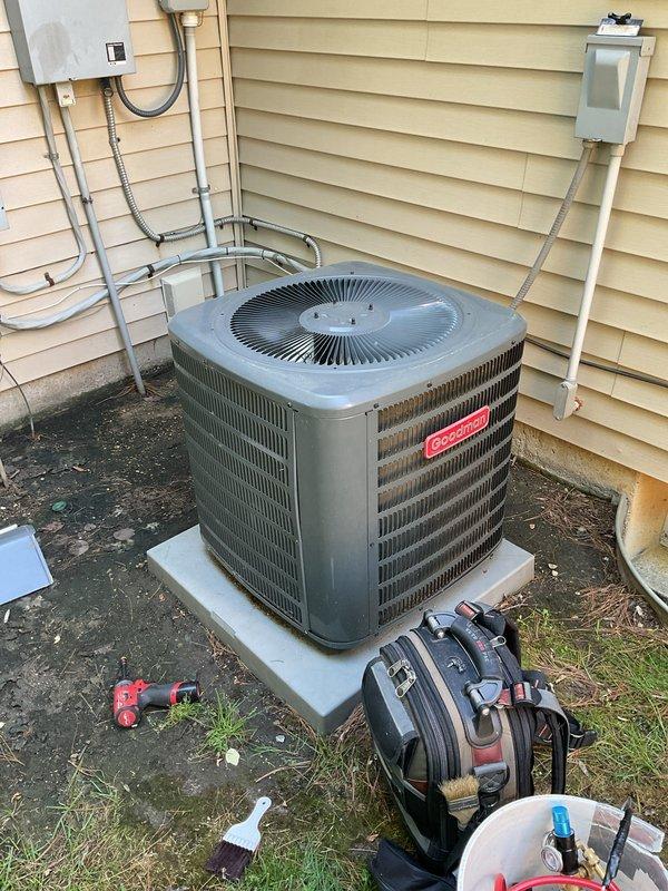Performed comprehensive tune-up service on residential Goodman brand air conditioning condenser unit. Completed standard maintenance procedures including system inspection, cleaning, and performance verification to ensure optimal cooling efficiency for the upcoming season.