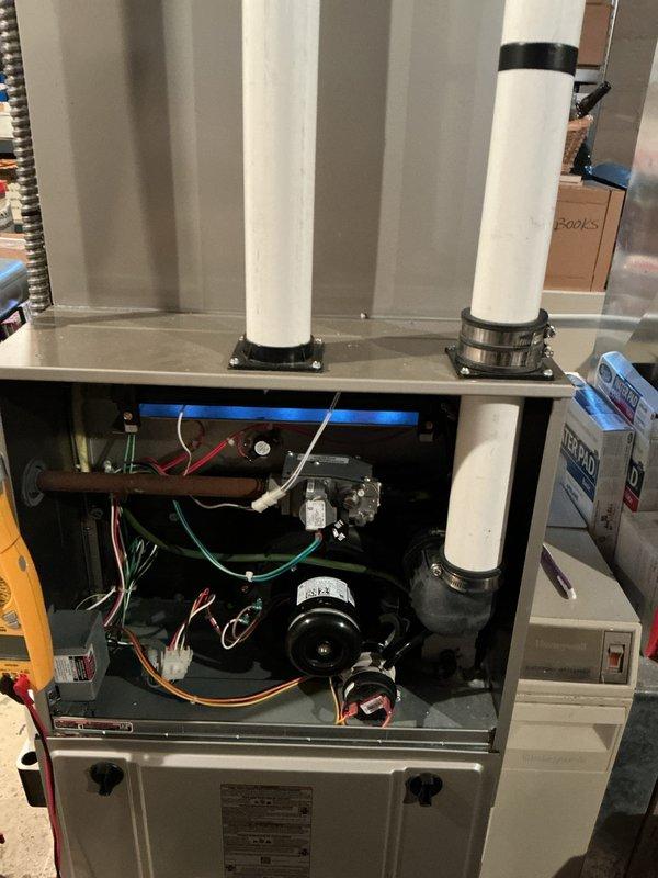 Performed annual preventative maintenance tune-up on one-year-old Bryant HVAC system. Inspected furnace and air conditioning components, verified proper operation of blower motor and electrical connections, checked refrigerant levels, cleaned condenser coils, and replaced air filter. All system components found to be in good working condition with no issues identified.