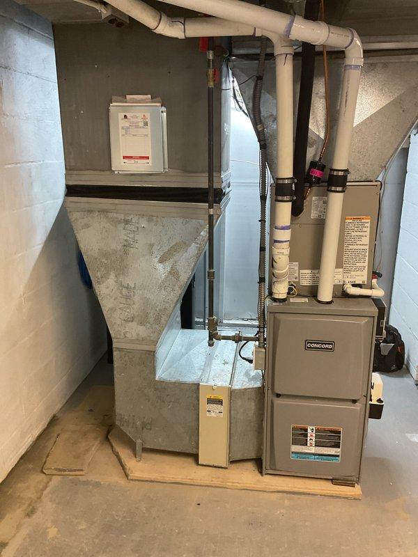 Completed HVAC system start-up for newly installed Concord furnace in basement mechanical room. Coordinated access timing and removed return ductwork to facilitate work completion, which will be reinstalled during scheduled follow-up visit. Verified proper operation of furnace unit, condensate pump, gas connections, and PVC venting system. Confirmed all electrical connections, safety controls, and manufacturer specifications are functioning correctly. System is operational and ready for final ductwork restoration at next appointment.
