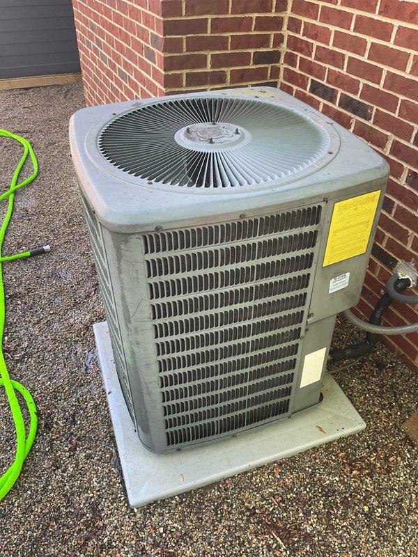 Completed annual air conditioning tune-up on outdoor condensing unit. Inspected condenser coils, verified proper fan operation, checked refrigerant levels, and tested overall system performance. Unit operating within normal parameters with no issues identified.