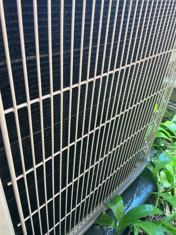 Completed comprehensive air conditioning tune-up and preventive maintenance on outdoor condenser unit. Inspected heat exchanger coils and fins, which were found to be in good condition with proper airflow. Processed system renewal paperwork per customer request.