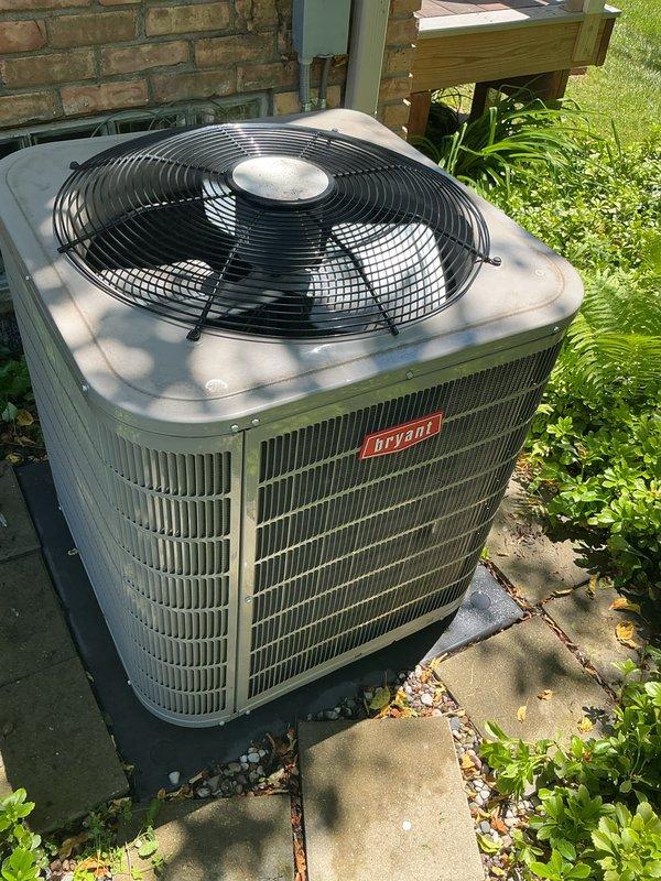 Completed comprehensive preventive maintenance on 4-year-old Bryant air conditioning system under annual maintenance agreement. Performed full AC tune-up including inspection of condenser unit, coil cleaning, refrigerant level verification, electrical connections check, and fan motor operation assessment. Unit found in good operating condition with no deficiencies noted. System tested and left running efficiently with all components functioning within manufacturer specifications.