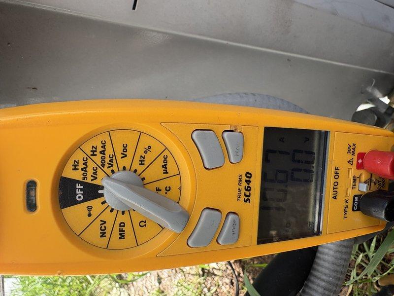 Completed scheduled AC tune-up and preventative maintenance inspection. Performed electrical diagnostics using digital multimeter to verify system voltage, amperage, and overall electrical performance at outdoor condensing unit. All measurements recorded within manufacturer specifications, confirming proper system operation.