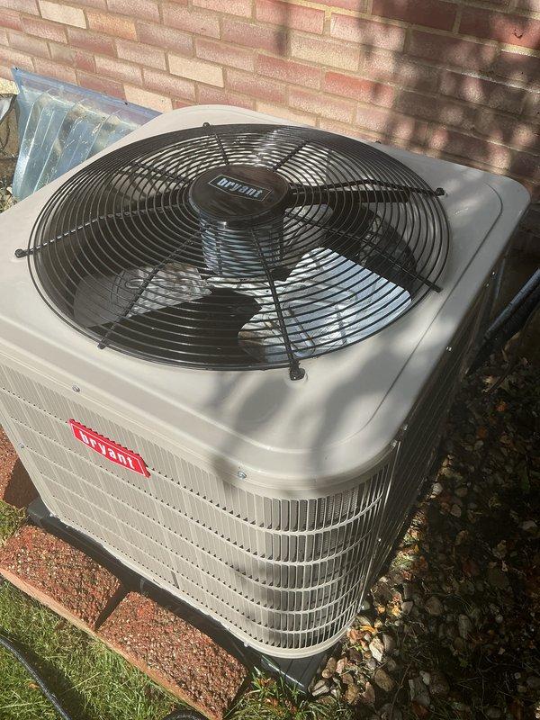 Completed scheduled air conditioning tune-up on Bryant outdoor condenser unit. Performed comprehensive preventive maintenance inspection, verified proper operation of fan motor and compressor, checked refrigerant levels, cleaned condenser coils, and confirmed unit is operating within normal parameters for the cooling season.