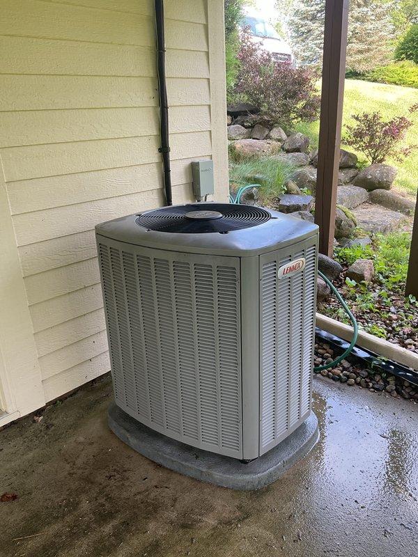 Completed comprehensive air conditioning maintenance on residential Lennox condenser unit. Performed standard preventive maintenance procedures including system inspection, cleaning, and operational testing. Customer enrolled in maintenance membership program at reduced rate based on recent service history.