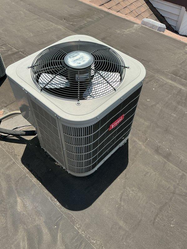 Performed routine AC tune-up on rooftop condenser unit with no reported issues. Completed standard maintenance inspection including visual assessment of exterior cabinet, fan operation, and heat exchanger coils. Noted foam insulation board on unit showing wear and damage in lower section with torn areas exposing underlying material; documented condition with photos for reference.