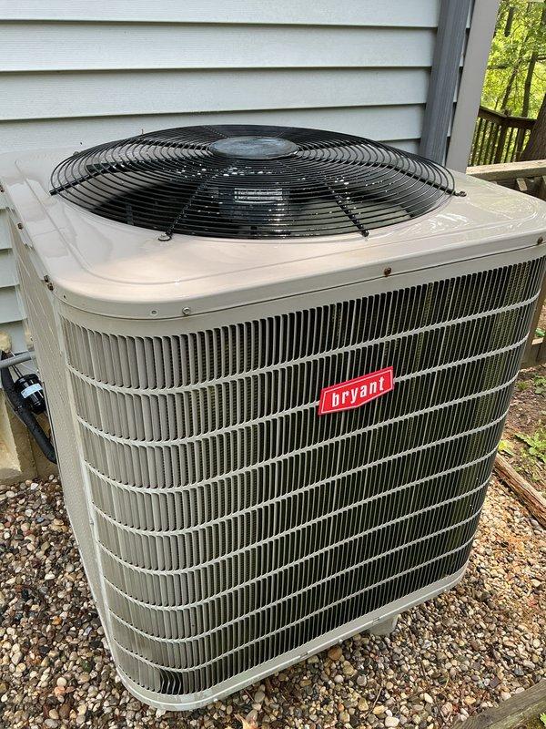 Performed comprehensive AC tune-up on Bryant outdoor condenser unit. Completed full system inspection, verified proper operation of condenser fan and compressor, cleaned condenser coils and fins, checked refrigerant levels, and tested overall system performance to ensure optimal cooling efficiency for the upcoming season.