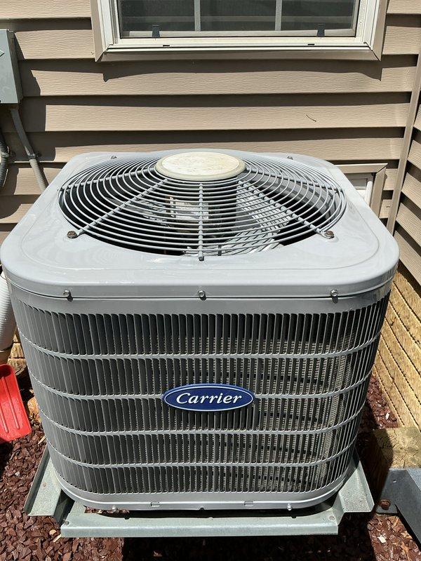 Completed comprehensive air conditioning tune-up on Carrier condenser unit. Performed full system inspection, cleaned condenser coils, verified refrigerant levels, tested electrical connections, and confirmed proper fan operation. Unit is operating efficiently with no issues identified; all components found to be in good working condition.