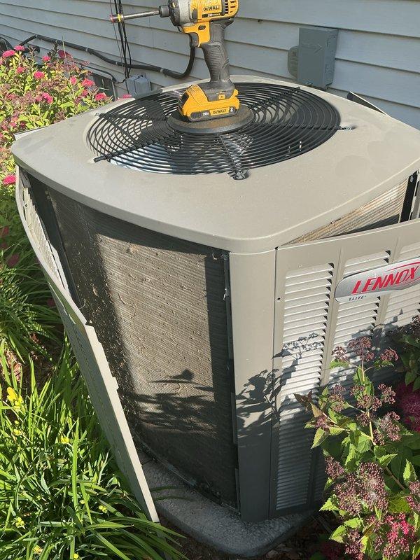 Completed routine air conditioning tune-up on Lennox condensing unit. Performed comprehensive preventive maintenance including inspection of electrical components, refrigerant lines, condenser coils, and fan operation to ensure optimal cooling performance for the upcoming season.