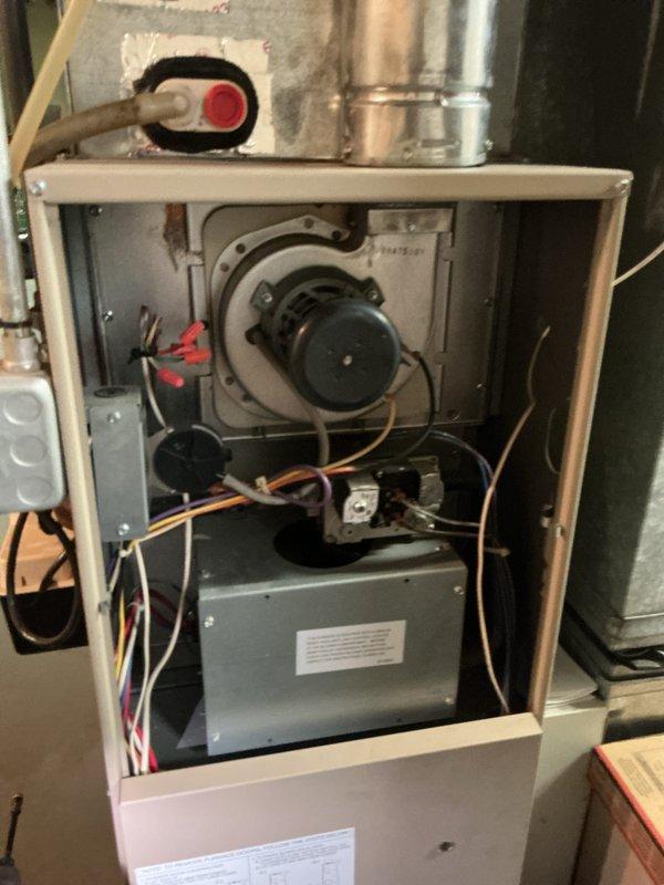 Performed comprehensive gas furnace tune-up and safety inspection on residential forced-air heating system. Removed front access panel to access internal components, inspected blower motor assembly and verified proper operation, checked all electrical connections and wiring throughout cabinet, examined transformer and control box for proper function, and inspected refrigerant lines and ductwork connections. All components found operating within normal parameters and system passed safety inspection.