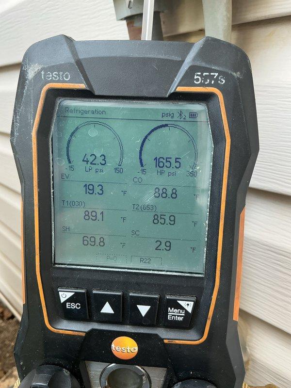Responded to customer report of air conditioning system struggling to satisfy thermostat setpoint. Performed diagnostic evaluation of refrigeration system using digital manifold gauge set, measuring suction pressure at 42.3 psig and discharge pressure at 165.5 psig with corresponding temperature readings. Inspected indoor unit and refrigerant line set installation in utility space. System requires additional repairs to restore proper cooling capacity and performance.