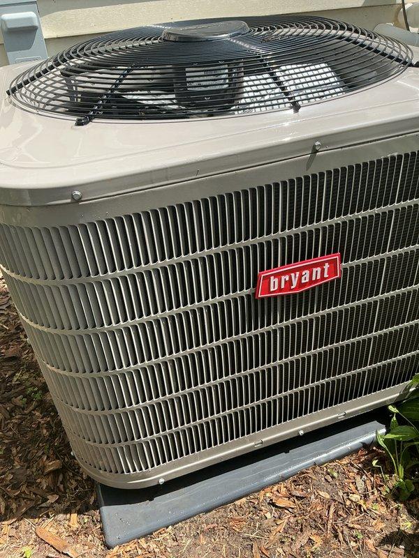 Completed scheduled air conditioning maintenance on Bryant outdoor condenser unit. Performed comprehensive system inspection, verified proper operation of condenser fan and compressor, cleaned condenser coils, checked refrigerant levels, and confirmed unit is functioning within normal parameters. Equipment showed typical outdoor weathering but maintained structural integrity with no visible damage or operational concerns noted.