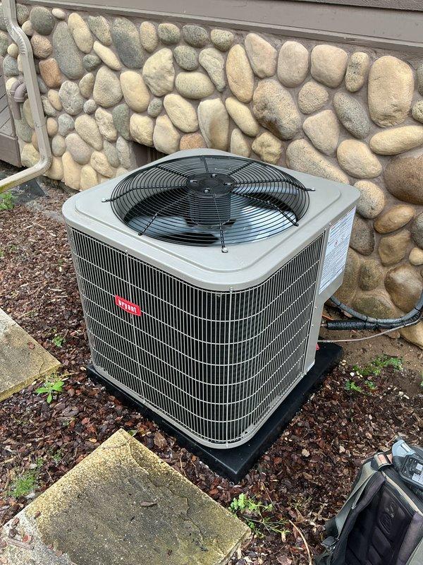Completed scheduled air conditioning tune-up and preventive maintenance on outdoor condensing unit. Performed comprehensive system inspection, verified proper operation of compressor and condenser fan motor, cleaned condenser coils, checked refrigerant levels and pressures, tested electrical connections and capacitors, and confirmed unit is operating within manufacturer specifications for the cooling season.