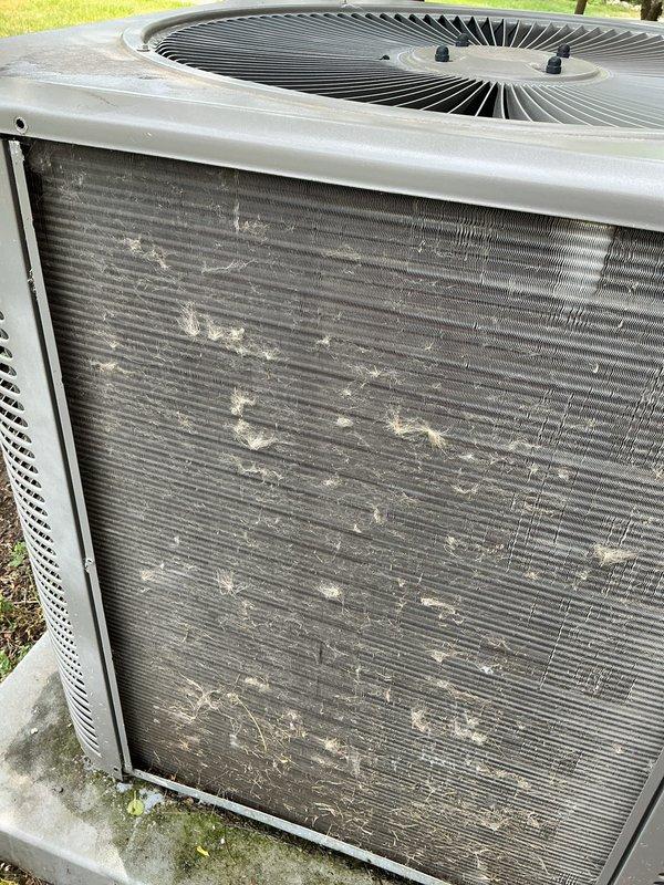 Completed scheduled AC tune-up on outdoor condensing unit. Upon arrival, found condenser coil heavily soiled with cottonwood seeds, pollen, and organic debris significantly restricting airflow through fins. Cleaned condenser coil, removed debris from unit exterior and surrounding pad area, and performed standard maintenance inspection of all accessible components. Unit operating within normal parameters upon completion.