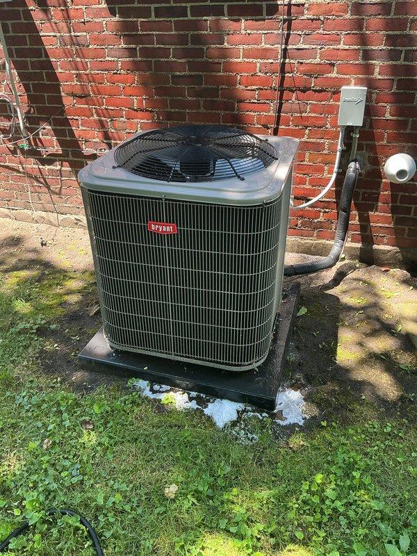 Performed comprehensive air conditioning tune-up on 6-year-old Bryant condensing unit. Completed full system inspection, cleaning, and performance verification on outdoor condenser unit positioned on concrete pad against brick exterior wall. Unit had previously been reset once prior to service visit and was processed as non-membership maintenance.