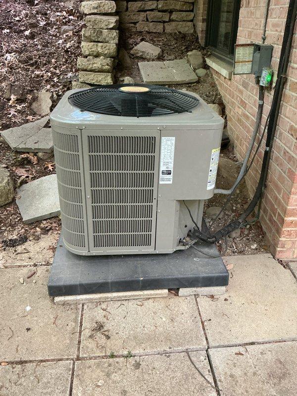 Completed scheduled AC tune-up on residential outdoor condensing unit. Performed comprehensive preventive maintenance inspection including checking refrigerant lines, electrical connections, and verifying proper operation of compressor and condenser fan. Unit found in good operational condition with no immediate concerns noted.