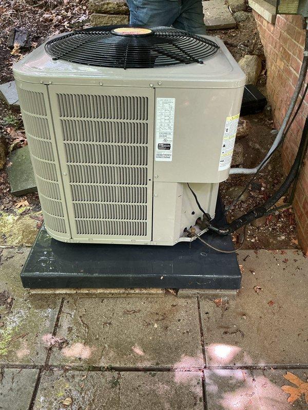 Completed scheduled AC tune-up on residential outdoor condensing unit. Performed comprehensive preventive maintenance inspection including checking refrigerant lines, electrical connections, and verifying proper operation of compressor and condenser fan. Unit found in good operational condition with no immediate concerns noted.