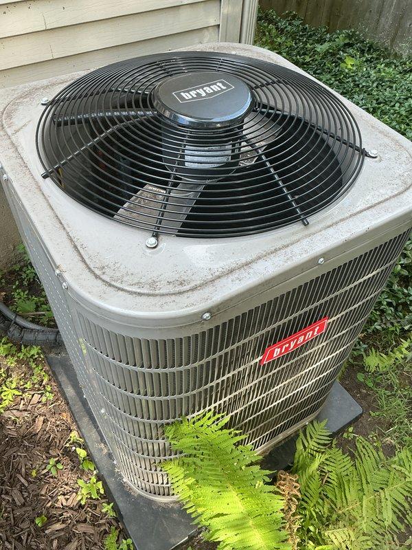 Completed scheduled air conditioning tune-up on Bryant outdoor condensing unit. Performed comprehensive system inspection, cleaned condenser coils, verified refrigerant charge, tested electrical components and disconnect box, confirmed proper fan operation, and ensured adequate airflow through all grilles. Unit operating within manufacturer specifications with no deficiencies noted.