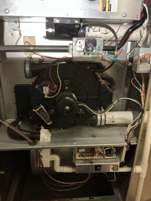 Completed comprehensive tune-up maintenance on older Payne multi-zone HVAC system including air conditioning and gas furnace units. Performed full system inspection, verified blower motor operation, checked electrical connections and capacitor function, inspected gas valve assembly and control modules, confirmed proper drainage system operation, and documented equipment condition with photos of internal components.