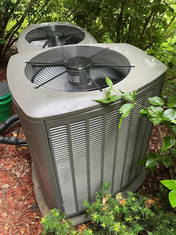 Completed preventive maintenance tune-ups on two residential air conditioning systems. Performed comprehensive inspections of both outdoor condenser units, including checking refrigerant levels, testing electrical connections, cleaning coils, verifying proper airflow through fan assemblies, and confirming optimal system operation. Both units are recently installed and functioning within manufacturer specifications.