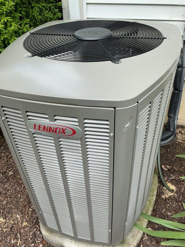 Completed annual air conditioning tune-up and preventative maintenance on 3-year-old Lennox cooling system. Performed comprehensive inspection of outdoor condenser unit, verified proper operation of all components, and documented equipment condition with photos. Unit operating within normal parameters with no issues identified.