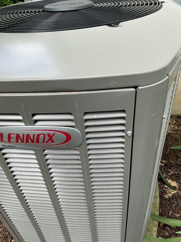 Completed annual air conditioning tune-up and preventative maintenance on 3-year-old Lennox cooling system. Performed comprehensive inspection of outdoor condenser unit, verified proper operation of all components, and documented equipment condition with photos. Unit operating within normal parameters with no issues identified.