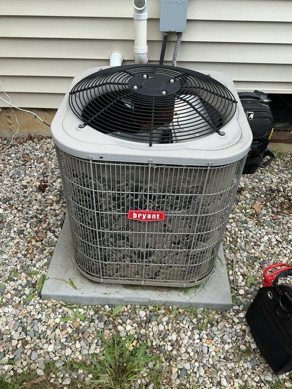 Completed routine maintenance and tune-up on Bryant outdoor condensing unit. Performed standard inspection of all components, verified proper operation of condenser fan and compressor, and confirmed electrical connections secure at disconnect box. Unit operating within normal parameters upon completion of service.