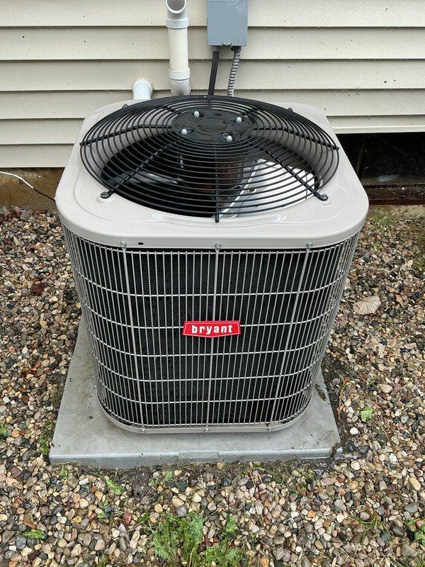 Completed routine maintenance and tune-up on Bryant outdoor condensing unit. Performed standard inspection of all components, verified proper operation of condenser fan and compressor, and confirmed electrical connections secure at disconnect box. Unit operating within normal parameters upon completion of service.