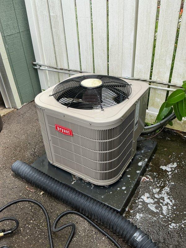 Completed preventive maintenance tune-up on Bryant outdoor condensing unit. Performed comprehensive system inspection, cleaned condenser coils, checked refrigerant levels and pressures, verified electrical connections, tested capacitor and contactor operation, and confirmed proper airflow through unit. System operating within manufacturer specifications with no deficiencies noted.