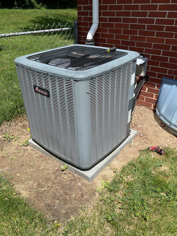 Completed scheduled AC tune-up on residential Amana condenser unit. Performed comprehensive preventive maintenance inspection including cleaning condenser coils, checking refrigerant levels, testing electrical connections, and verifying proper system operation. Unit is functioning within normal parameters and ready for continued service.