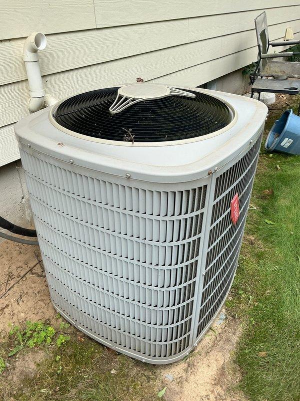 Completed annual air conditioning tune-up and preventative maintenance on outdoor condensing unit. Inspected and serviced all components including condenser coils, fan motor, and refrigerant lines. Noted furnace filter requires replacement; ordered two replacement filters for future installation with one temporary filter currently in use until new filters arrive at shop.